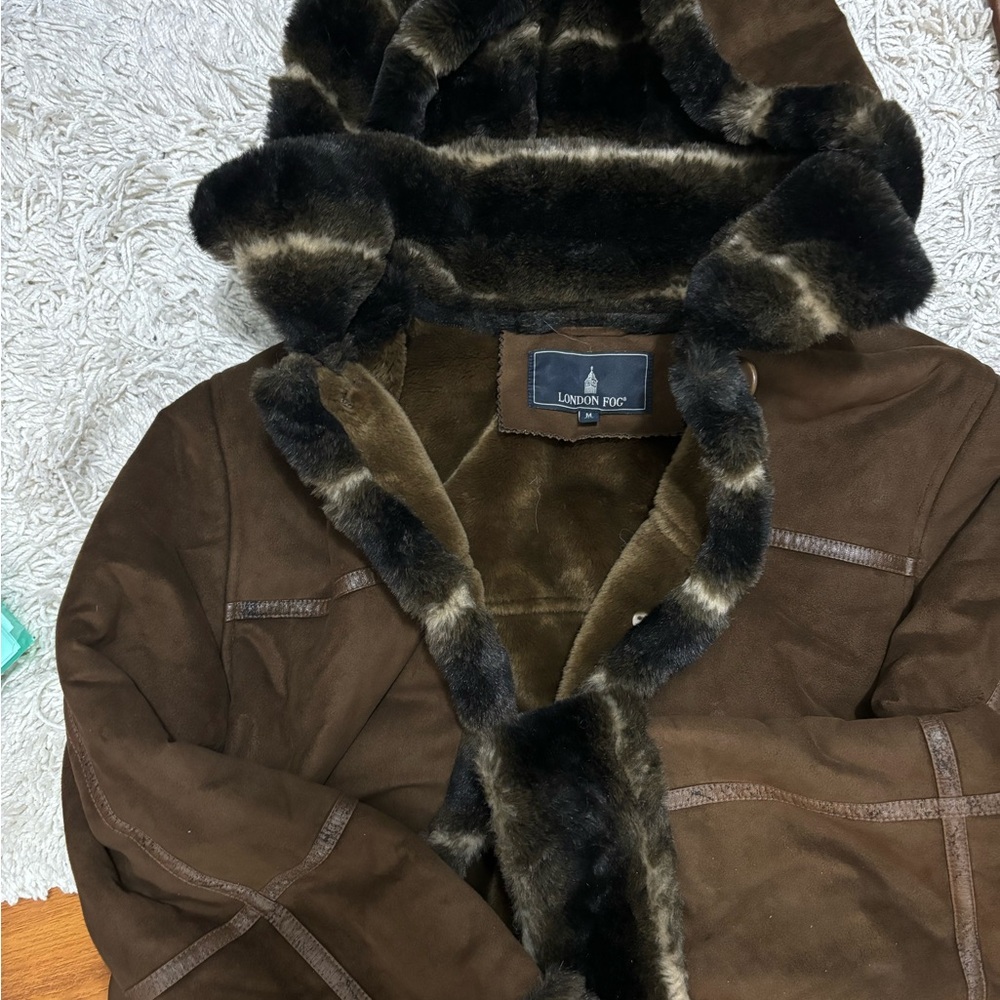 London Fog Brown Trench Coat with Fur Trim